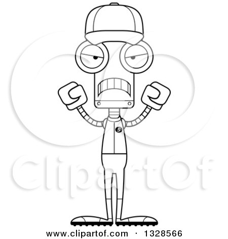 Lineart Clipart of a Cartoon Black and White Skinny Mad Baseball Player Robot - Royalty Free Outline Vector Illustration by Cory Thoman
