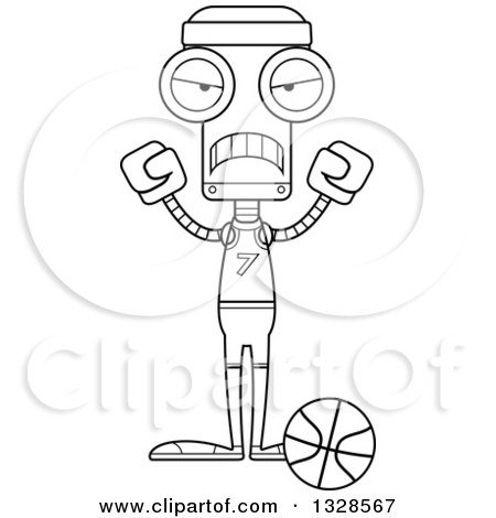 Lineart Clipart of a Cartoon Black and White Skinny Mad Robot Basketball Player - Royalty Free Outline Vector Illustration by Cory Thoman
