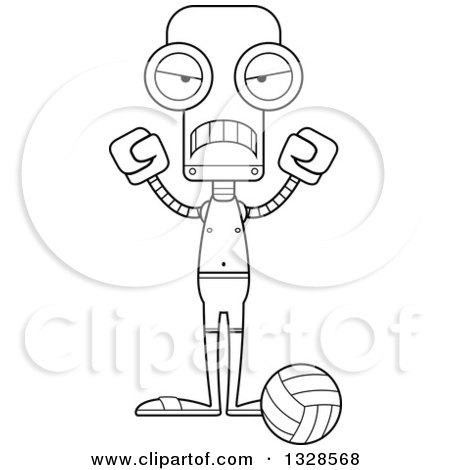 Lineart Clipart of a Cartoon Black and White Skinny Mad Robot Beach Volleyball Player - Royalty Free Outline Vector Illustration by Cory Thoman