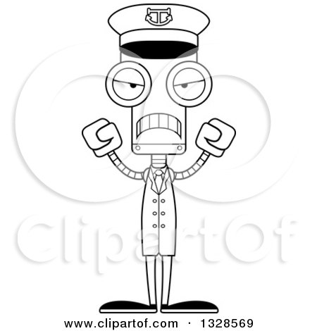 Lineart Clipart of a Cartoon Black and White Skinny Mad Robot Captain - Royalty Free Outline Vector Illustration by Cory Thoman