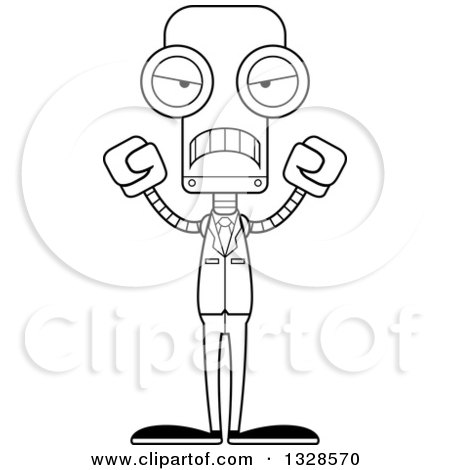 Lineart Clipart of a Cartoon Black and White Skinny Mad Business Robot - Royalty Free Outline Vector Illustration by Cory Thoman