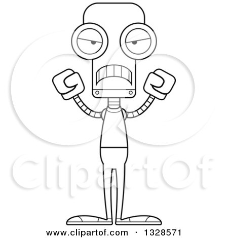 Lineart Clipart of a Cartoon Black and White Skinny Mad Casual Robot - Royalty Free Outline Vector Illustration by Cory Thoman