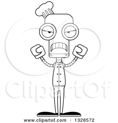 Lineart Clipart of a Cartoon Black and White Skinny Mad Chef Robot - Royalty Free Outline Vector Illustration by Cory Thoman