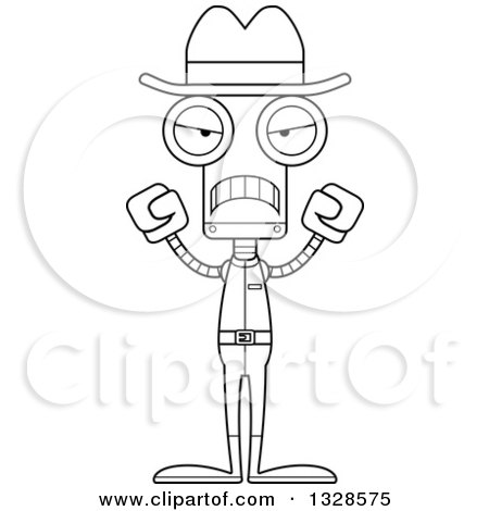 Lineart Clipart of a Cartoon Black and White Skinny Mad Cowboy Robot - Royalty Free Outline Vector Illustration by Cory Thoman