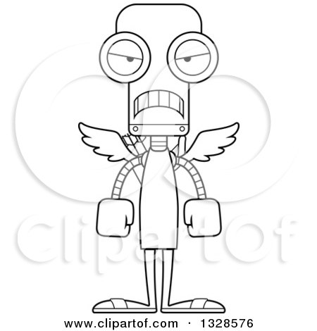 Lineart Clipart of a Cartoon Black and White Skinny Mad Robot Cupid - Royalty Free Outline Vector Illustration by Cory Thoman