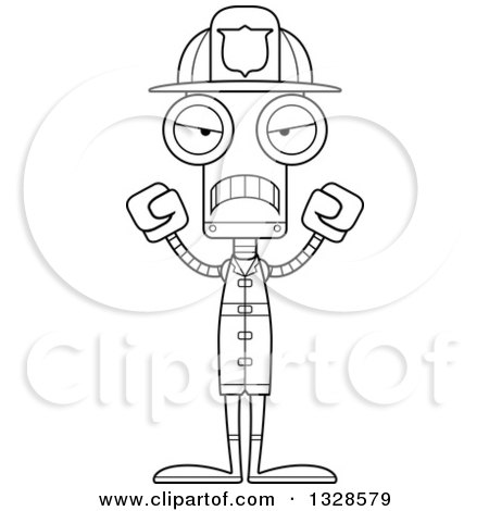 Lineart Clipart of a Cartoon Black and White Skinny Mad Robot Firefighter - Royalty Free Outline Vector Illustration by Cory Thoman