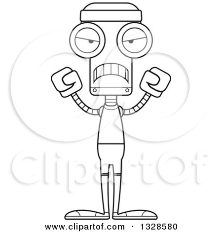 Lineart Clipart of a Cartoon Black and White Skinny Mad Fitness Robot - Royalty Free Outline Vector Illustration by Cory Thoman