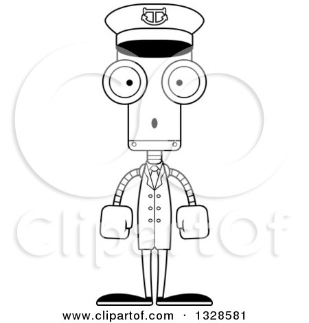 Lineart Clipart of a Cartoon Black and White Skinny Surprised Robot Captain - Royalty Free Outline Vector Illustration by Cory Thoman