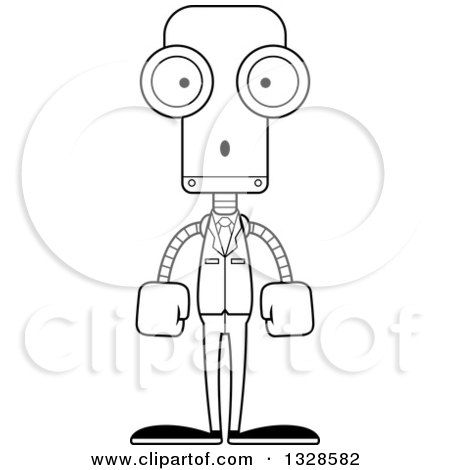 Lineart Clipart of a Cartoon Black and White Skinny Surprised Business Robot - Royalty Free Outline Vector Illustration by Cory Thoman