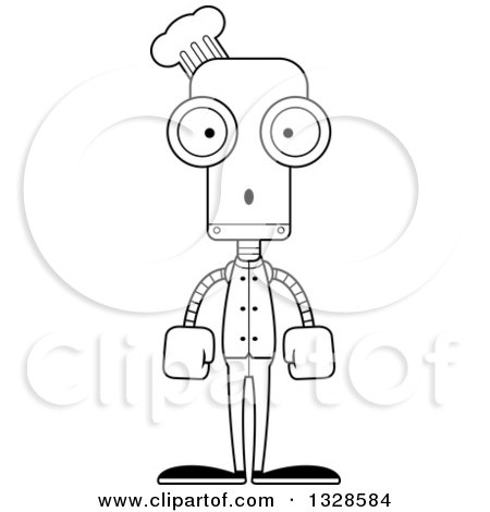 Lineart Clipart of a Cartoon Black and White Skinny Surprised Chef Robot - Royalty Free Outline Vector Illustration by Cory Thoman