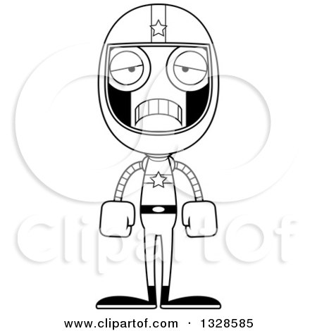 Lineart Clipart of a Cartoon Black and White Skinny Sad Robot Race Car Driver - Royalty Free Outline Vector Illustration by Cory Thoman