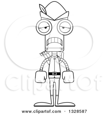 Lineart Clipart of a Cartoon Black and White Skinny Sad Robin Hood Robot - Royalty Free Outline Vector Illustration by Cory Thoman