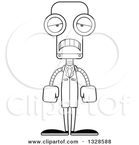 Lineart Clipart of a Cartoon Black and White Skinny Sad Robot Scientist - Royalty Free Outline Vector Illustration by Cory Thoman