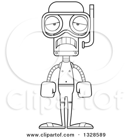 Lineart Clipart of a Cartoon Black and White Skinny Sad Robot in Snorkel Gear - Royalty Free Outline Vector Illustration by Cory Thoman