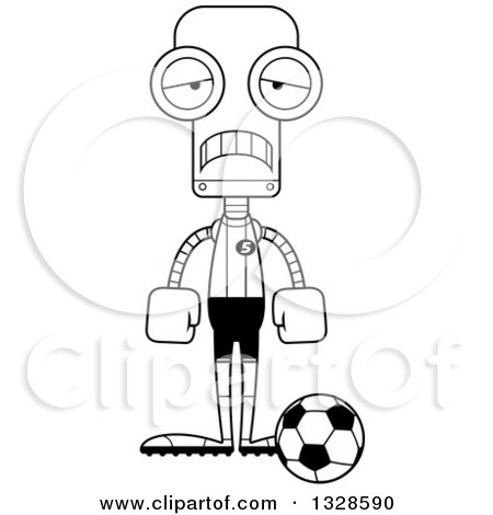 Lineart Clipart of a Cartoon Black and White Skinny Sad Robot Socer Player - Royalty Free Outline Vector Illustration by Cory Thoman