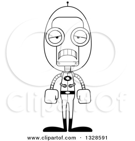Lineart Clipart of a Cartoon Black and White Skinny Sad Futuristic Space Robot - Royalty Free Outline Vector Illustration by Cory Thoman