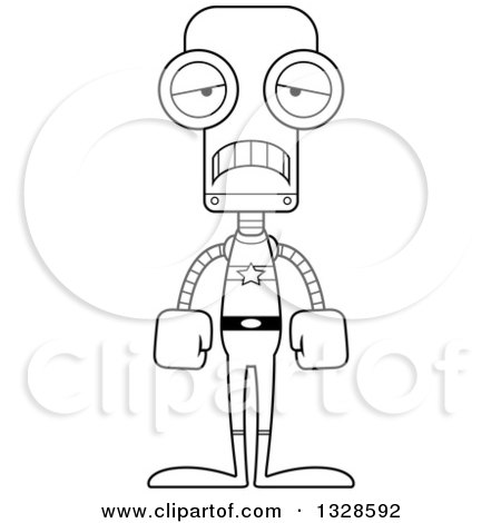 Lineart Clipart of a Cartoon Black and White Skinny Sad Super Hero Robot - Royalty Free Outline Vector Illustration by Cory Thoman