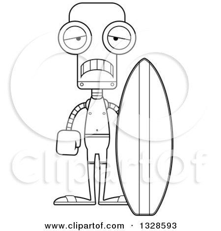 Lineart Clipart of a Cartoon Black and White Skinny Sad Robot Surfer - Royalty Free Outline Vector Illustration by Cory Thoman