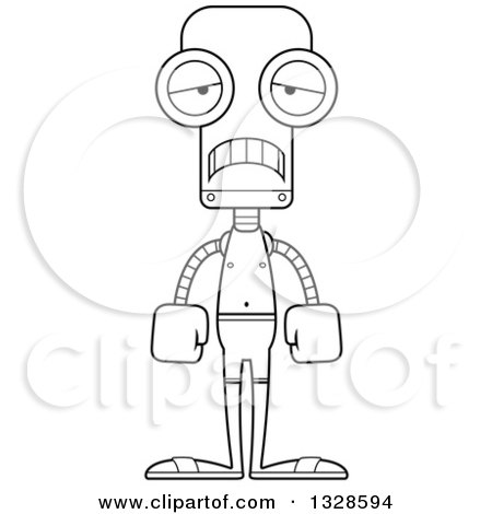 Lineart Clipart of a Cartoon Black and White Skinny Sad Robot Swimmer - Royalty Free Outline Vector Illustration by Cory Thoman