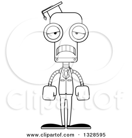 Lineart Clipart of a Cartoon Black and White Skinny Sad Robot Professor - Royalty Free Outline Vector Illustration by Cory Thoman