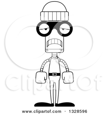 Lineart Clipart of a Cartoon Black and White Skinny Sad Robot Robber - Royalty Free Outline Vector Illustration by Cory Thoman