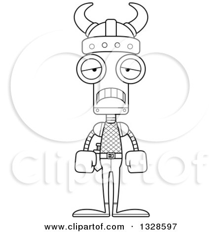 Lineart Clipart of a Cartoon Black and White Skinny Sad Viking Robot - Royalty Free Outline Vector Illustration by Cory Thoman