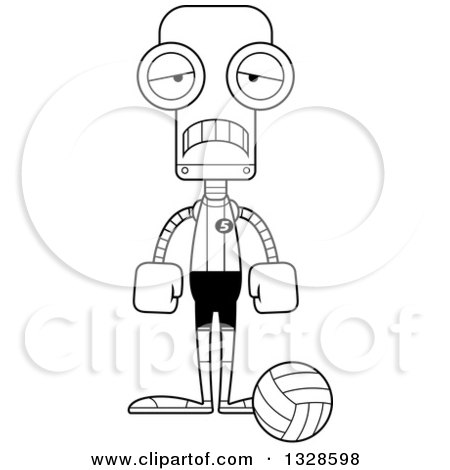 Lineart Clipart of a Cartoon Black and White Skinny Sad Robot Volleyball Player - Royalty Free Outline Vector Illustration by Cory Thoman