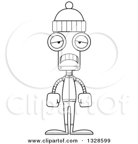 Lineart Clipart of a Cartoon Black and White Skinny Sad Winter Robot - Royalty Free Outline Vector Illustration by Cory Thoman