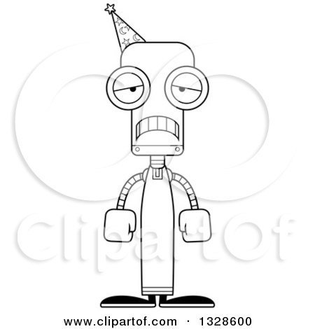 Lineart Clipart of a Cartoon Black and White Skinny Sad Robot Wizard - Royalty Free Outline Vector Illustration by Cory Thoman