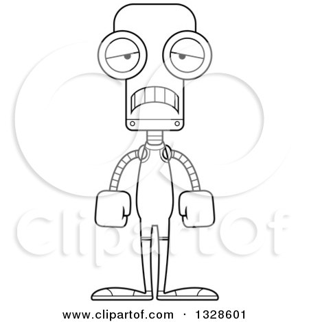 Lineart Clipart of a Cartoon Black and White Skinny Sad Robot Wrestker - Royalty Free Outline Vector Illustration by Cory Thoman