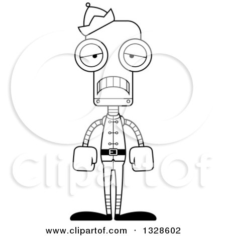 Lineart Clipart of a Cartoon Black and White Skinny Sad Robot Christmas Elf - Royalty Free Outline Vector Illustration by Cory Thoman