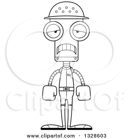 Lineart Clipart of a Cartoon Black and White Skinny Sad Zookeeper Robot - Royalty Free Outline Vector Illustration by Cory Thoman