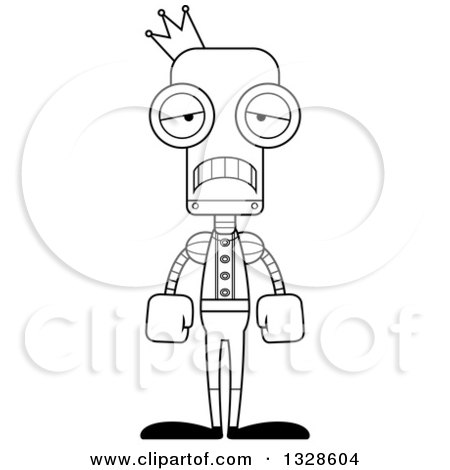 Lineart Clipart of a Cartoon Black and White Skinny Sad Robot Prince - Royalty Free Outline Vector Illustration by Cory Thoman