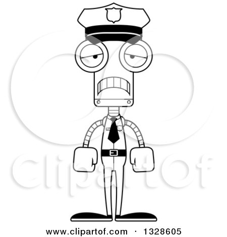 Lineart Clipart of a Cartoon Black and White Skinny Sad Robot Police Officer - Royalty Free Outline Vector Illustration by Cory Thoman