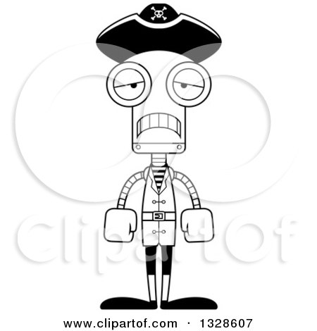 Lineart Clipart of a Cartoon Black and White Skinny Sad Pirate Robot - Royalty Free Outline Vector Illustration by Cory Thoman