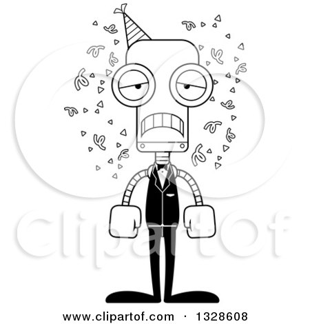 Lineart Clipart of a Cartoon Black and White Skinny Sad Party Robot - Royalty Free Outline Vector Illustration by Cory Thoman