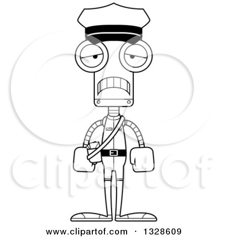 Lineart Clipart of a Cartoon Black and White Skinny Sad Robot Mailman - Royalty Free Outline Vector Illustration by Cory Thoman