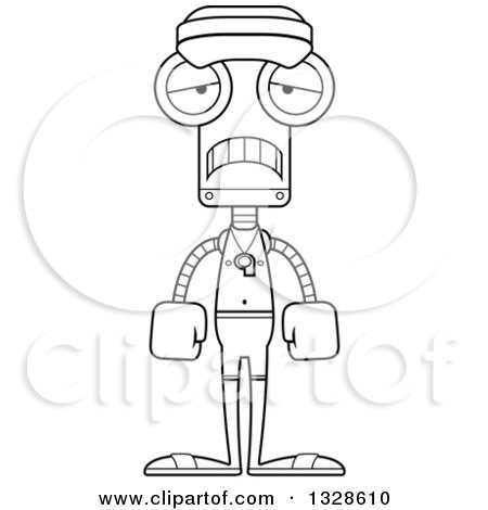 Lineart Clipart of a Cartoon Black and White Skinny Sad Robot Lifeguard - Royalty Free Outline Vector Illustration by Cory Thoman
