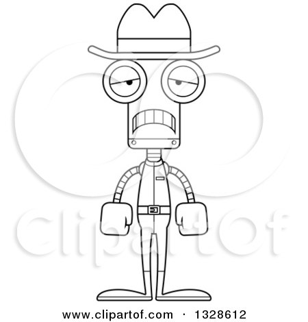 Lineart Clipart of a Cartoon Black and White Skinny Sad Robot Cowboy - Royalty Free Outline Vector Illustration by Cory Thoman