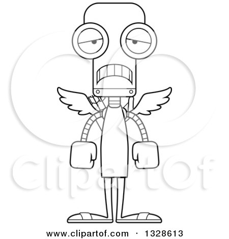 Lineart Clipart of a Cartoon Black and White Skinny Sad Robot Cupid - Royalty Free Outline Vector Illustration by Cory Thoman