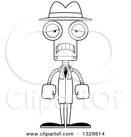 Lineart Clipart of a Cartoon Black and White Skinny Sad Robot Detective - Royalty Free Outline Vector Illustration by Cory Thoman