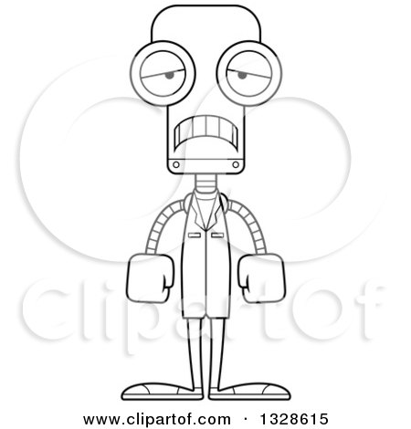 Lineart Clipart of a Cartoon Black and White Skinny Sad Robot Doctor - Royalty Free Outline Vector Illustration by Cory Thoman