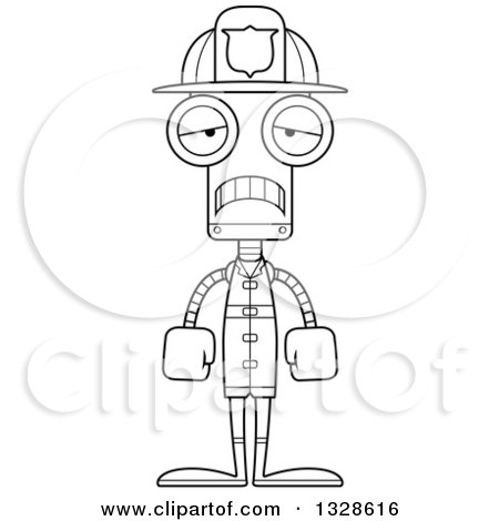Lineart Clipart of a Cartoon Black and White Skinny Sad Robot Firefighter - Royalty Free Outline Vector Illustration by Cory Thoman