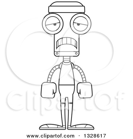 Lineart Clipart of a Cartoon Black and White Skinny Sad Fitness Robot - Royalty Free Outline Vector Illustration by Cory Thoman