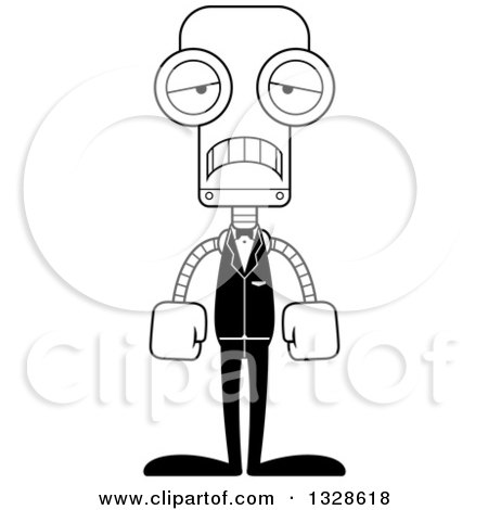 Lineart Clipart of a Cartoon Black and White Skinny Sad Robot Groom - Royalty Free Outline Vector Illustration by Cory Thoman