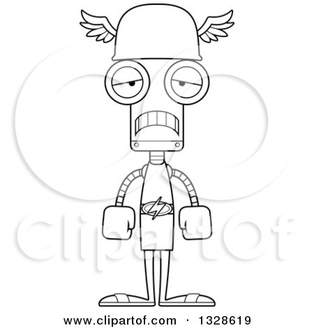 Lineart Clipart of a Cartoon Black and White Skinny Sad Robot Hermes - Royalty Free Outline Vector Illustration by Cory Thoman