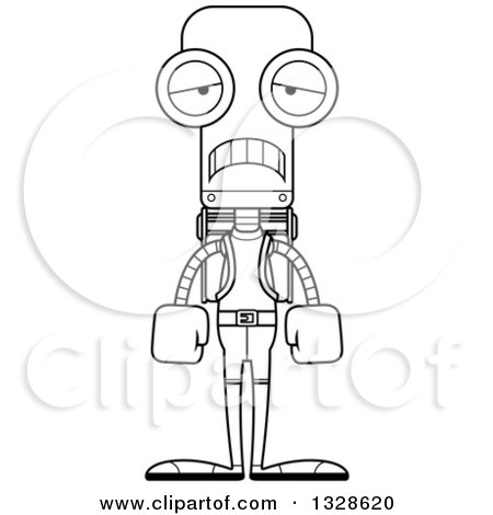 Lineart Clipart of a Cartoon Black and White Skinny Sad Robot Hiker - Royalty Free Outline Vector Illustration by Cory Thoman