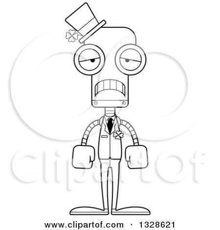 Lineart Clipart of a Cartoon Black and White Skinny Sad St Patricks Day Robot - Royalty Free Outline Vector Illustration by Cory Thoman