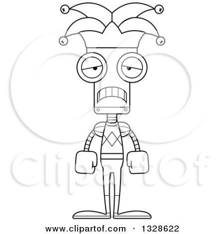Lineart Clipart of a Cartoon Black and White Skinny Sad Robot Jester - Royalty Free Outline Vector Illustration by Cory Thoman