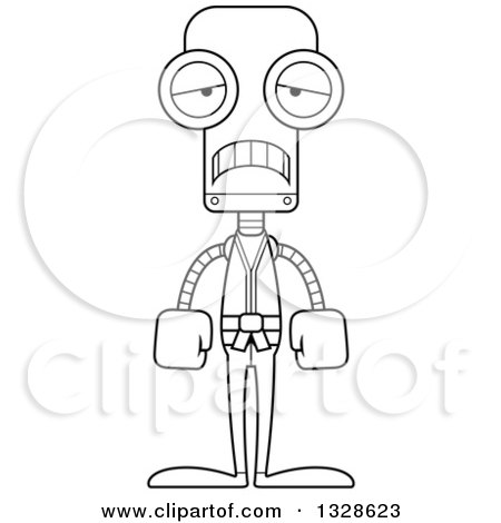 Lineart Clipart of a Cartoon Black and White Skinny Sad Karate Robot - Royalty Free Outline Vector Illustration by Cory Thoman